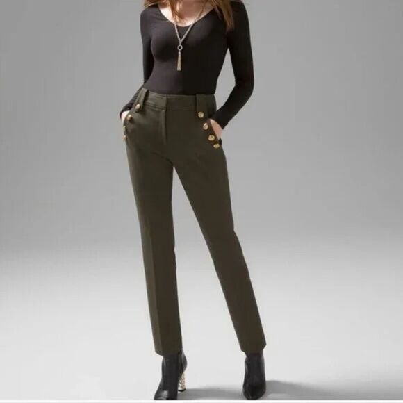 WHBM Jolie Straight Ankle Luxe Stretch Pants Size18L Olive Green Gold Buttons - Picture 1 of 9